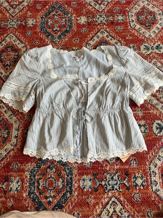 Reformation Tops - Reformation Light Blue and White Striped Lace-Trim Peplum Blouse NWT